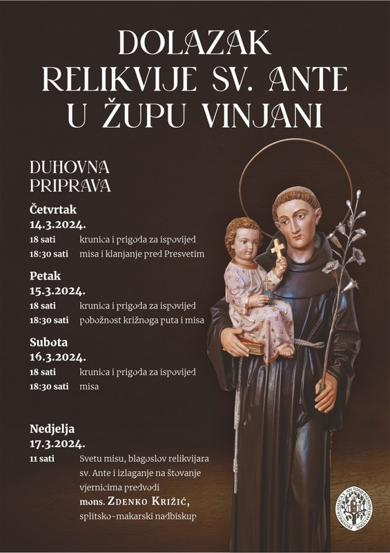 Dolazak relikvije sv. Ante u župu Vinjani.